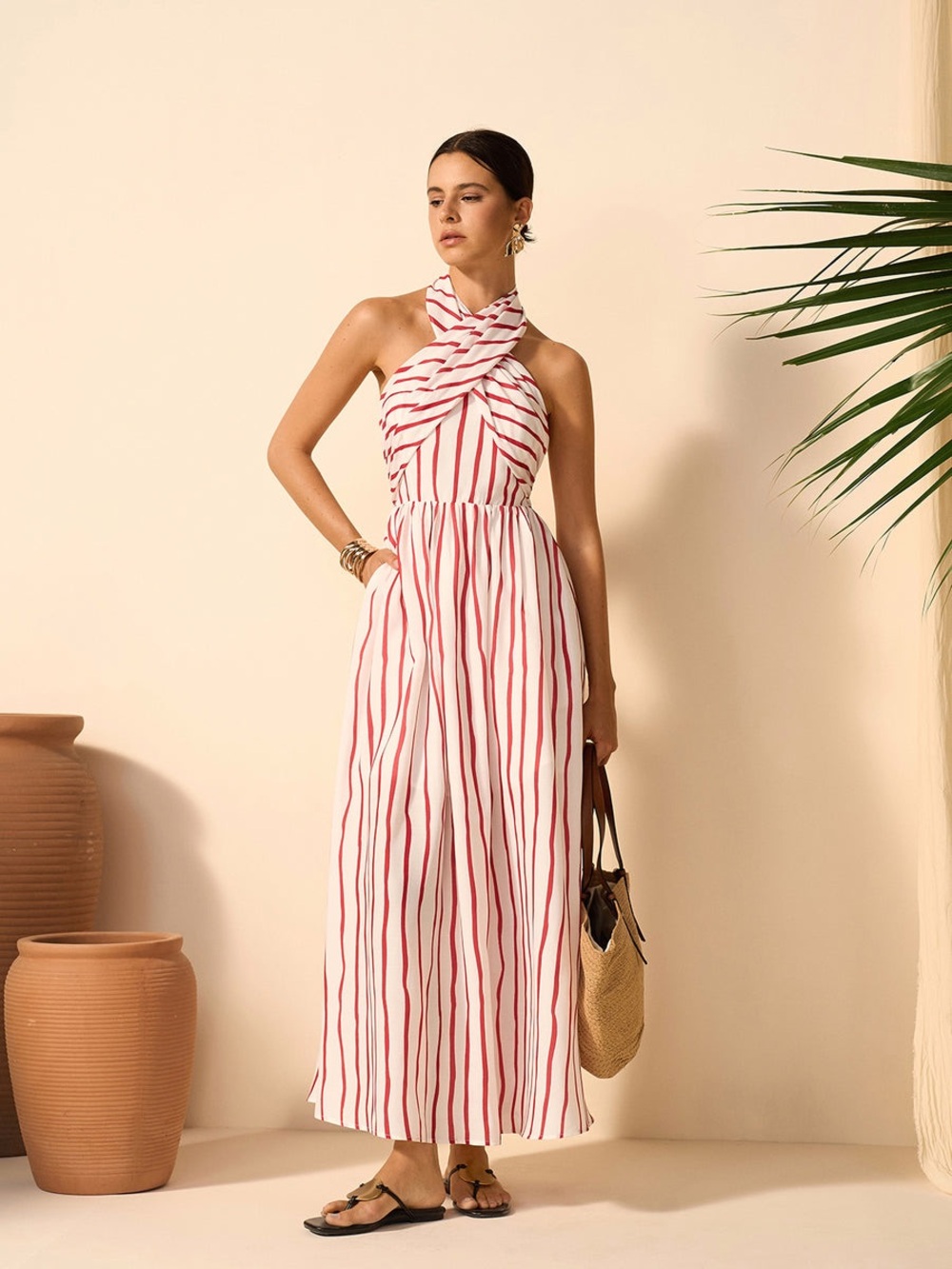 Commense White Maxi Dress with Red Stripes